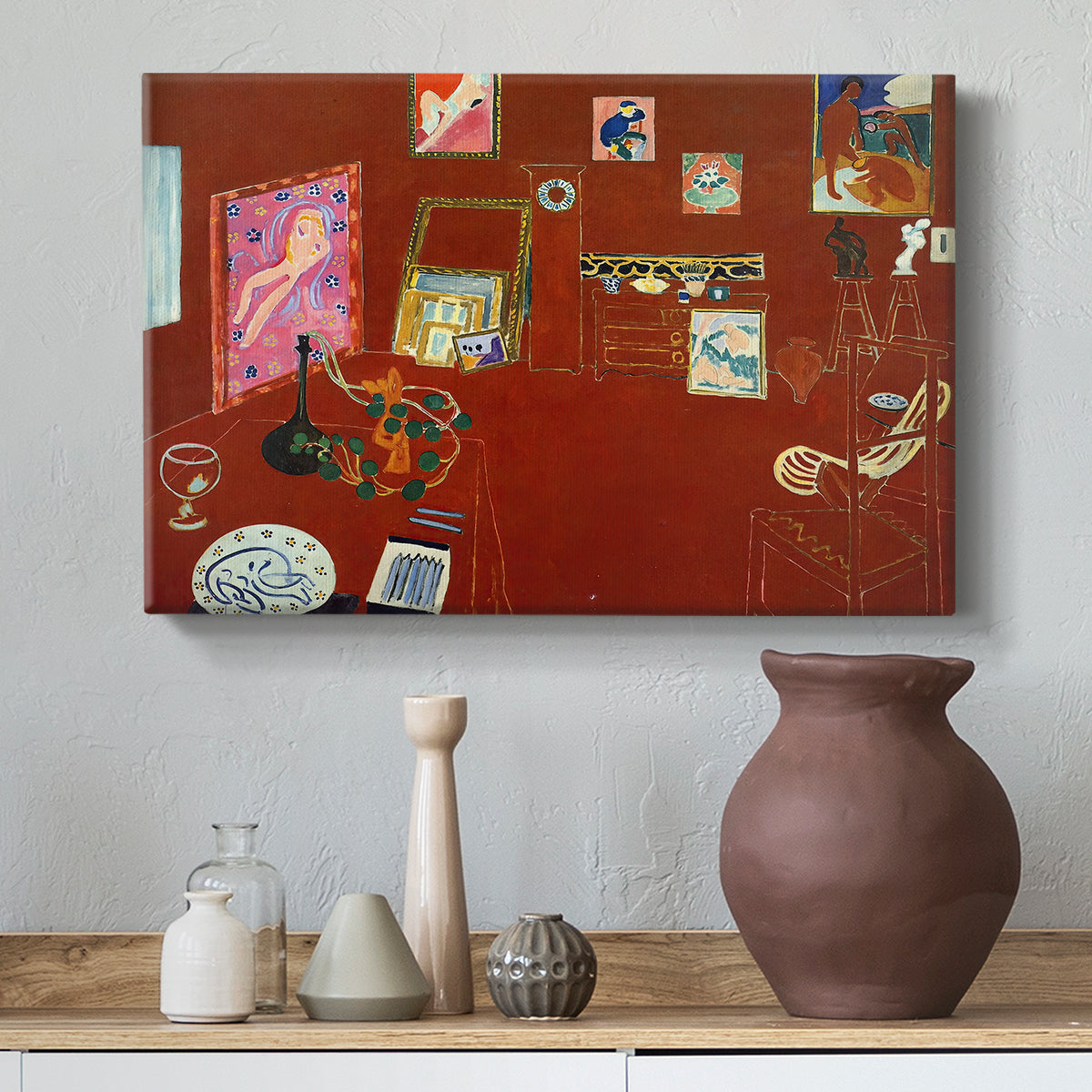 Canvas art print featuring a modernist interior filled with objects, styled above a decorative console
