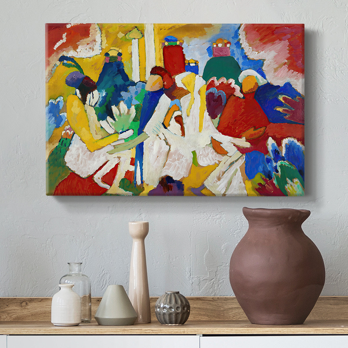 Canvas art print featuring a dynamic arrangement evoking cultural motifs through abstraction, styled above a decorative console