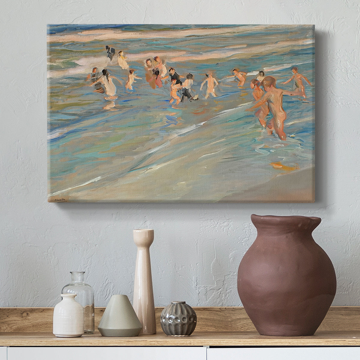 Canvas art print featuring an impressionist composition capturing motion and sunlight, styled above a decorative console