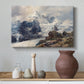 Canvas art print featuring a realistic landscape of high mountain under open sky, styled above a decorative console