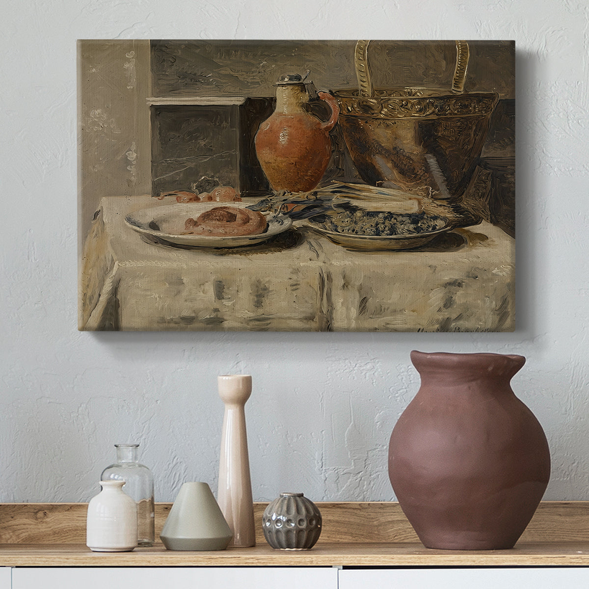 Canvas art print featuring a minimal composition of everyday objects in soft light, styled above a decorative console