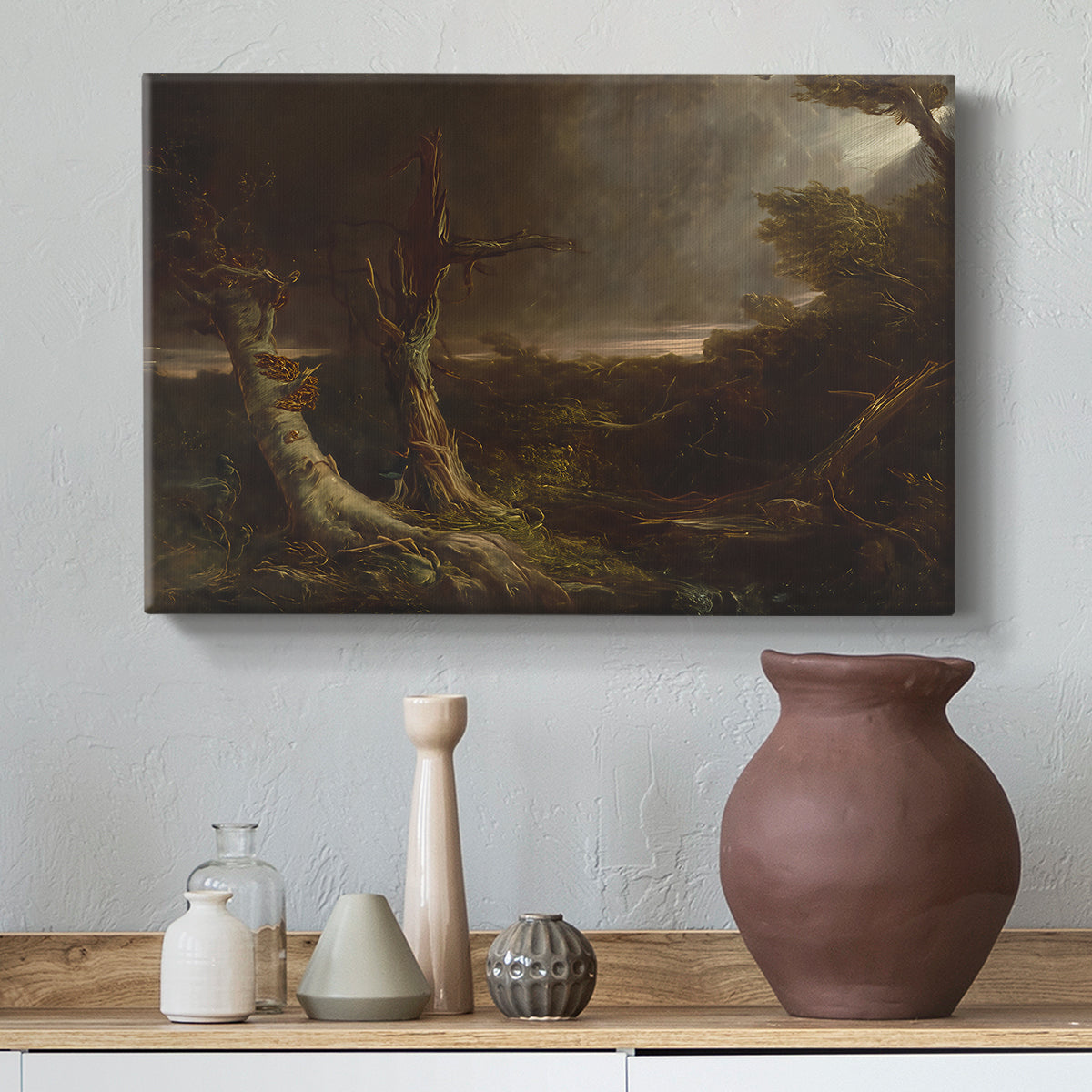 Canvas art print featuring an expressive composition showing destruction in wilderness, styled above a decorative console