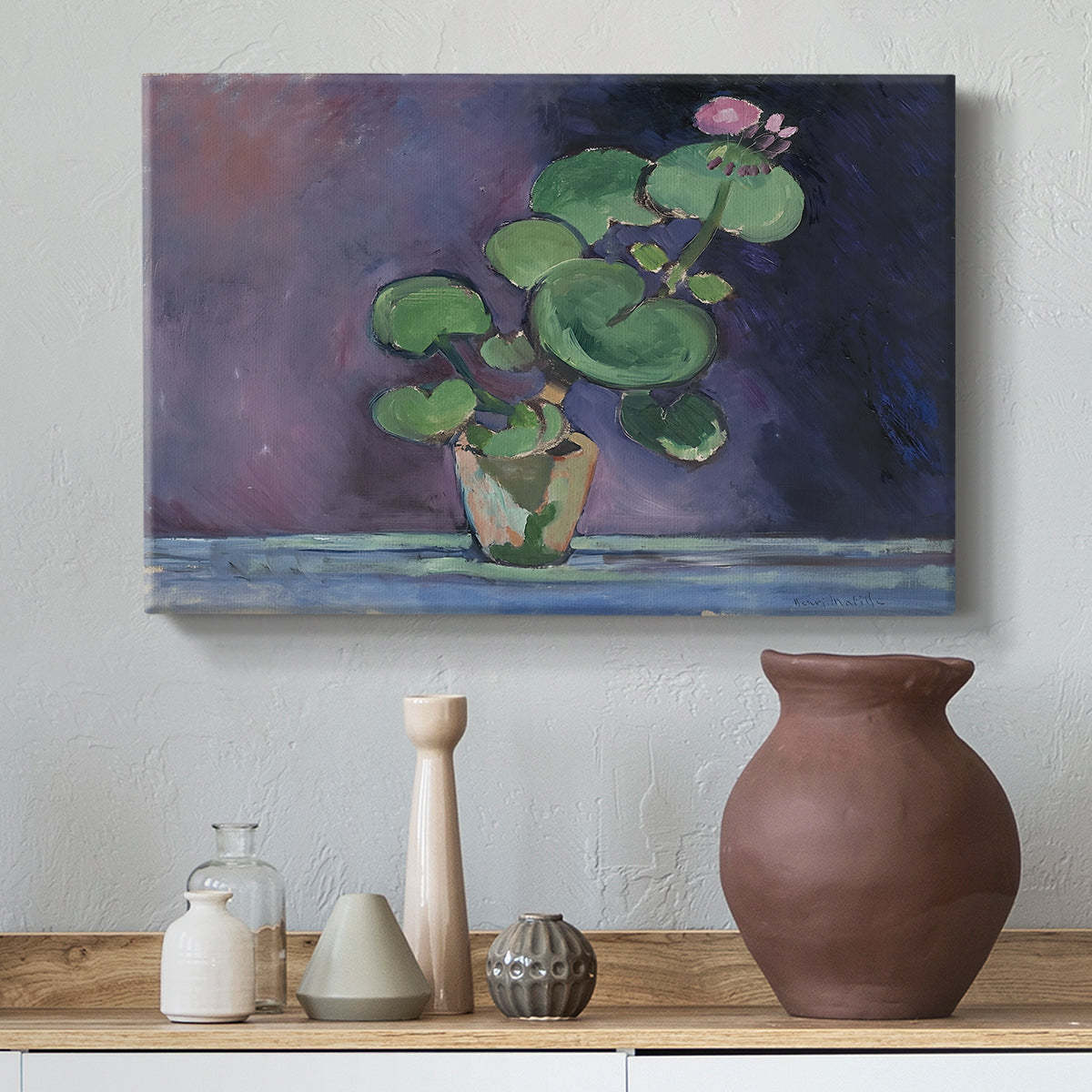 Canvas art print featuring a close-up plant study with bold color contrast, styled above a decorative console