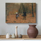 Canvas art print featuring a rustic scene with figures traveling through forest landscape, styled above a decorative console
