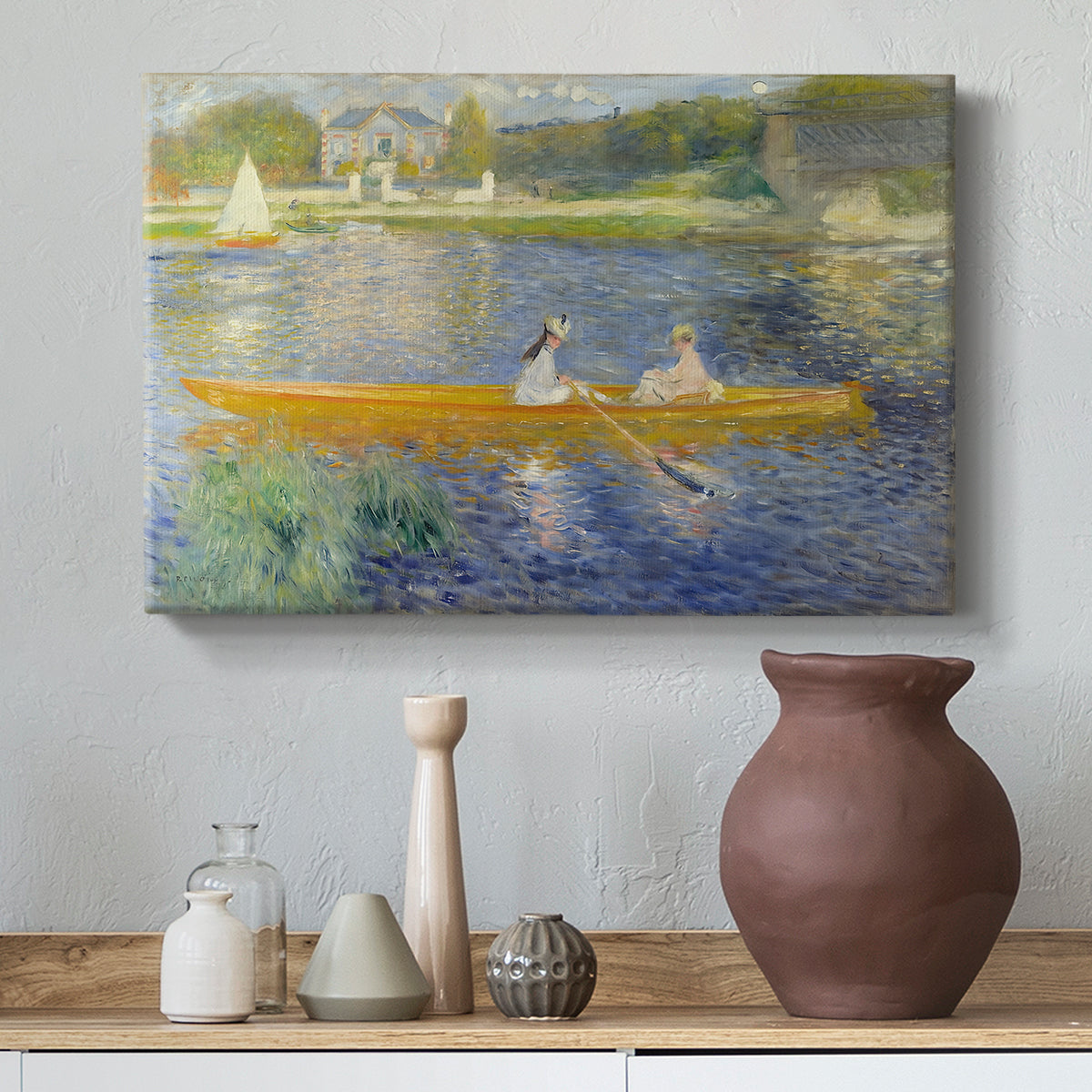 Canvas art print featuring a couple seated in boat on river surrounded by soft reflections, styled above a decorative console