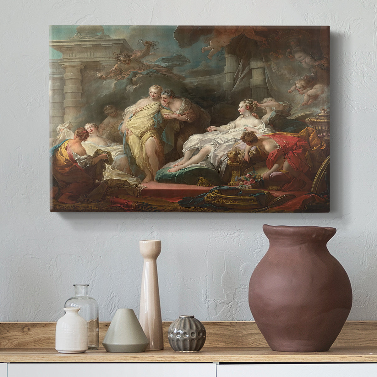 Canvas art print featuring an expressive composition with multiple women and soft drapery, styled above a decorative console