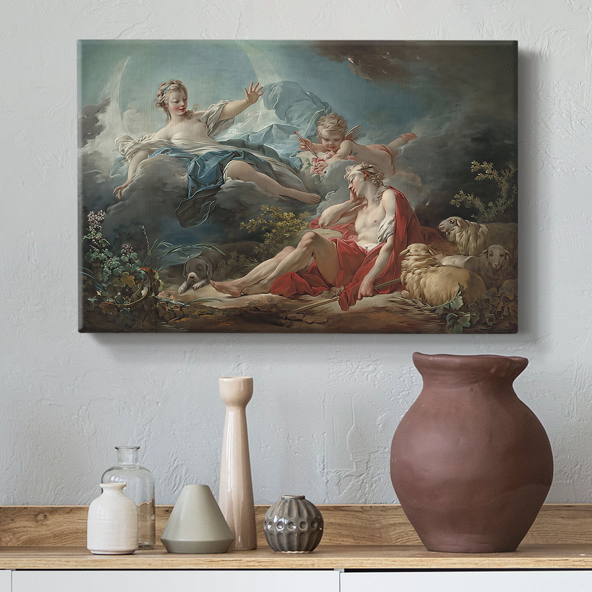 Canvas art print featuring a classical composition depicting interaction between figures in nature, styled above a decorative console
