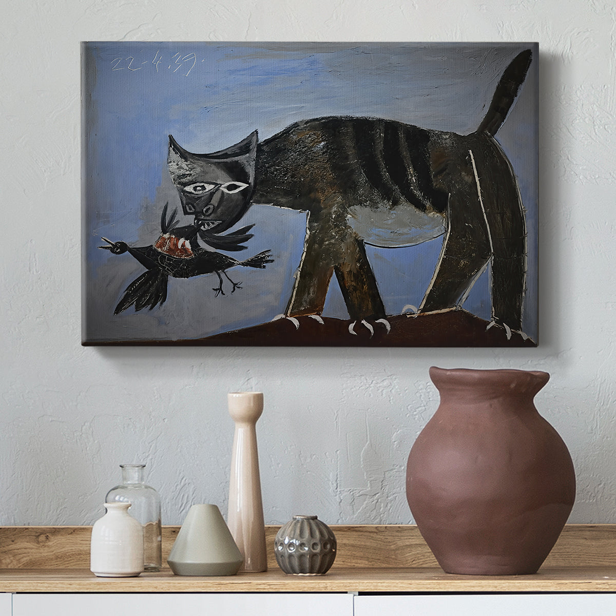 Canvas art print featuring an expressive predator interaction, styled above a decorative console