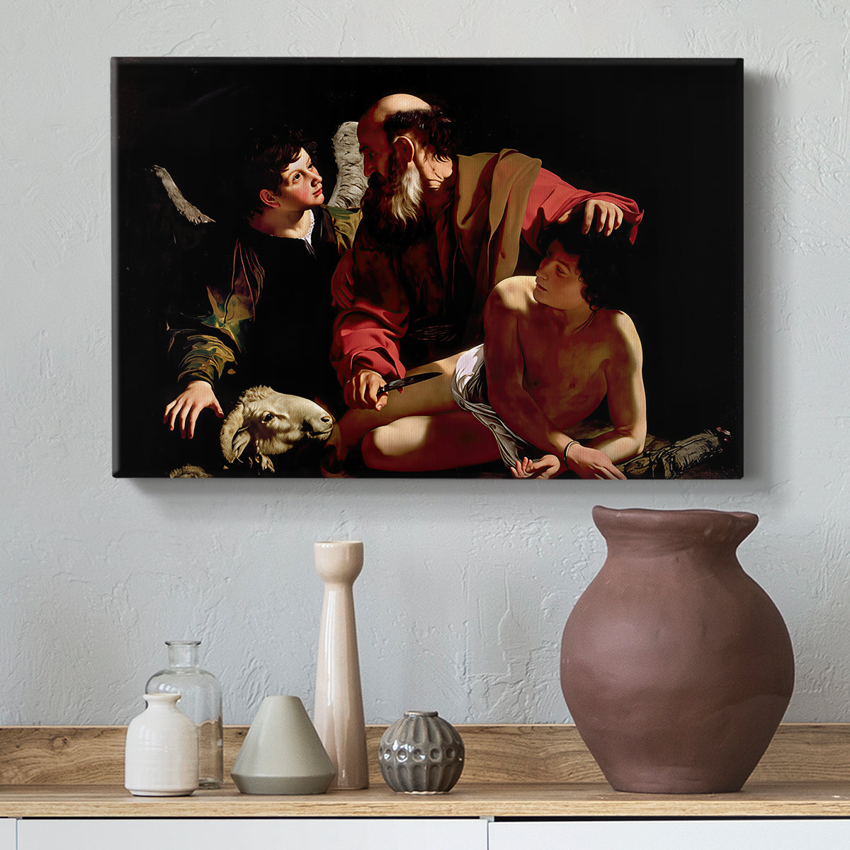 Canvas art print featuring a dramatic moment of divine intervention during sacrifice of Isaac, styled above a decorative console
