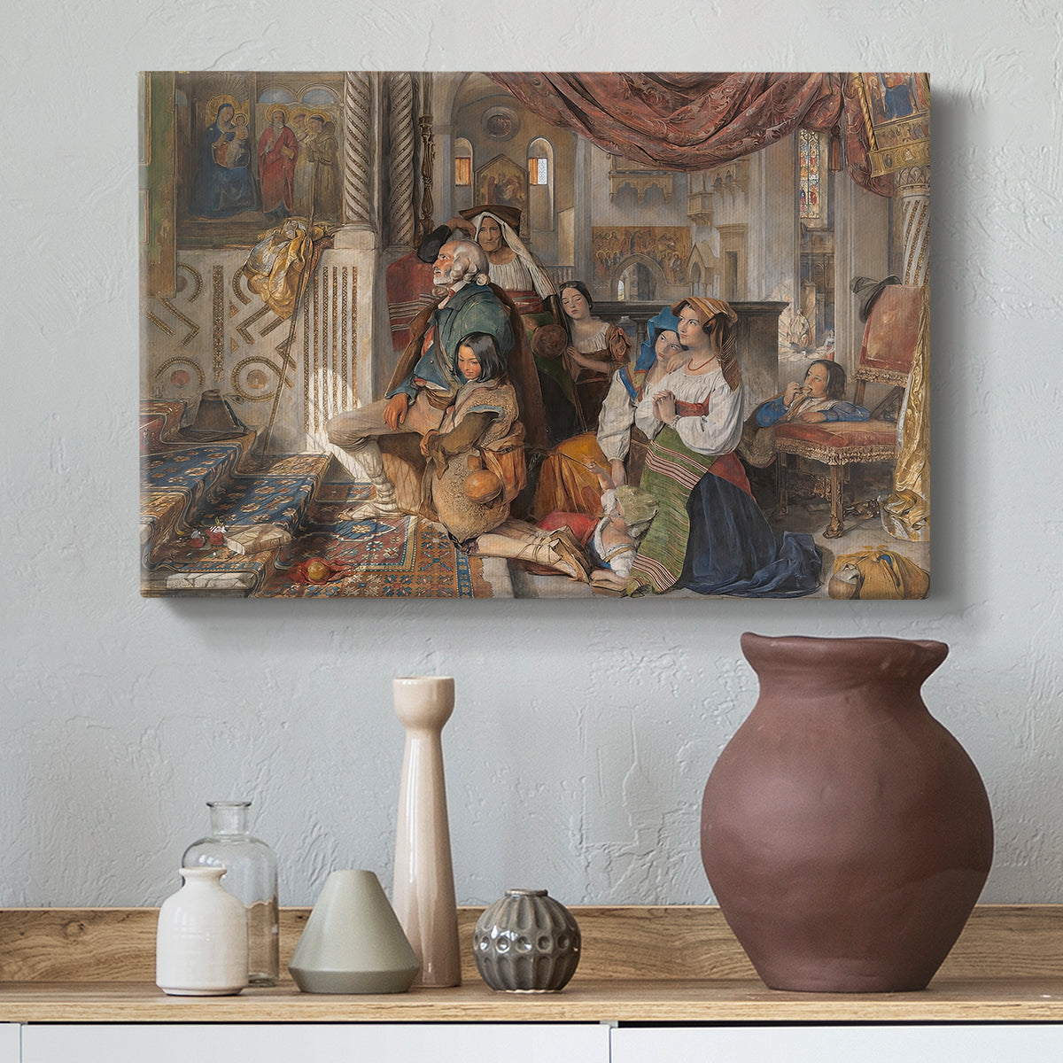 Canvas art print featuring an expressive composition with figures interacting in open space, styled above a decorative console
