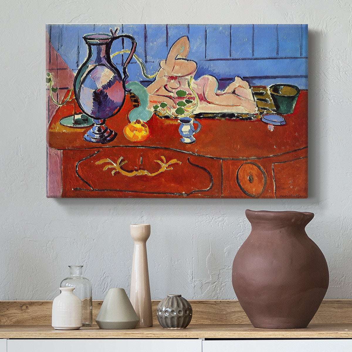 Canvas art print featuring a Fauvist tabletop still life with sculptural objects, styled above a decorative console