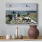 Canvas art print featuring a vibrant garden scene with colorful blooms and distant sea, styled above a decorative console