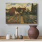 Canvas art print featuring an outdoor space with greenery surrounding small structure, styled above a decorative console