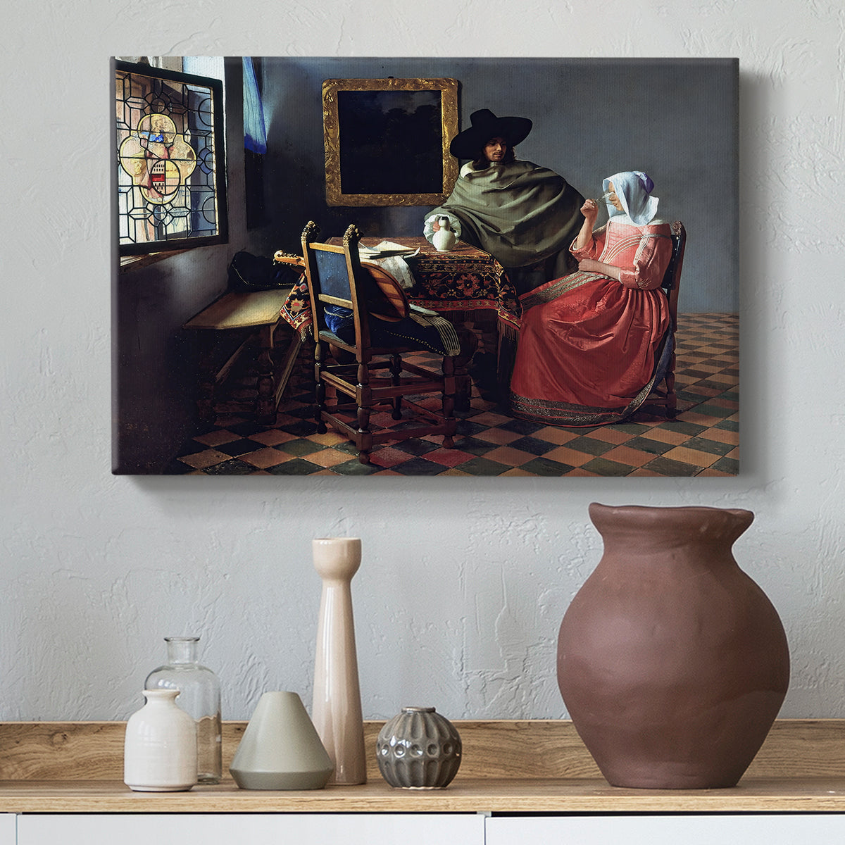 Canvas art print featuring a Baroque interior with social interaction, styled above a decorative console