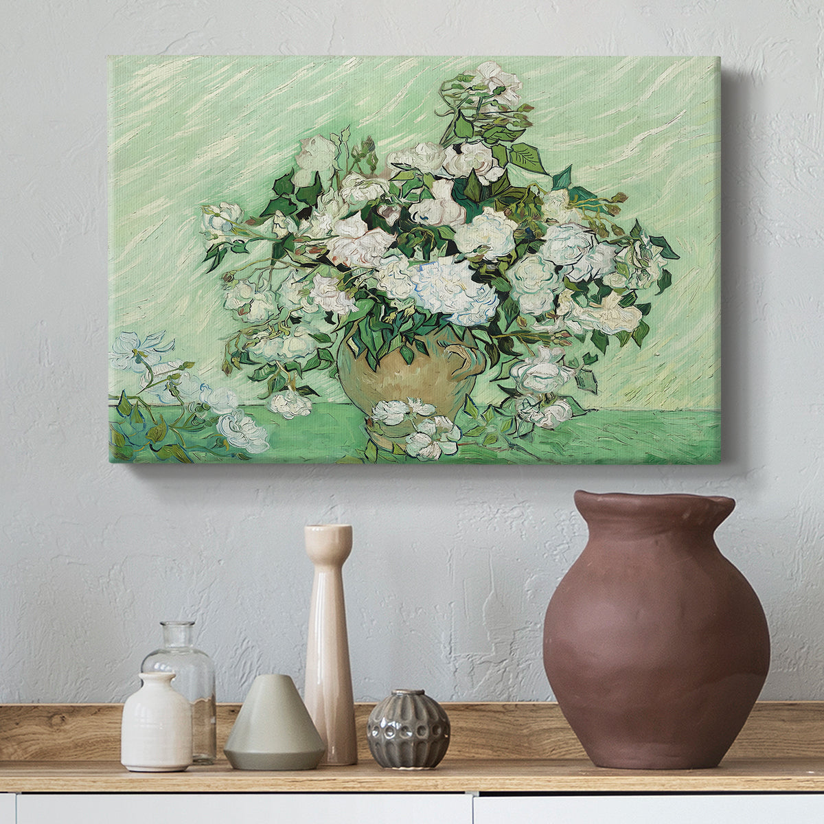 Canvas art print featuring a post-impressionist still life emphasizing color and texture, styled above a decorative console
