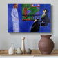 Canvas art print featuring a stylized interior portrait of two people in dialogue, styled above a decorative console