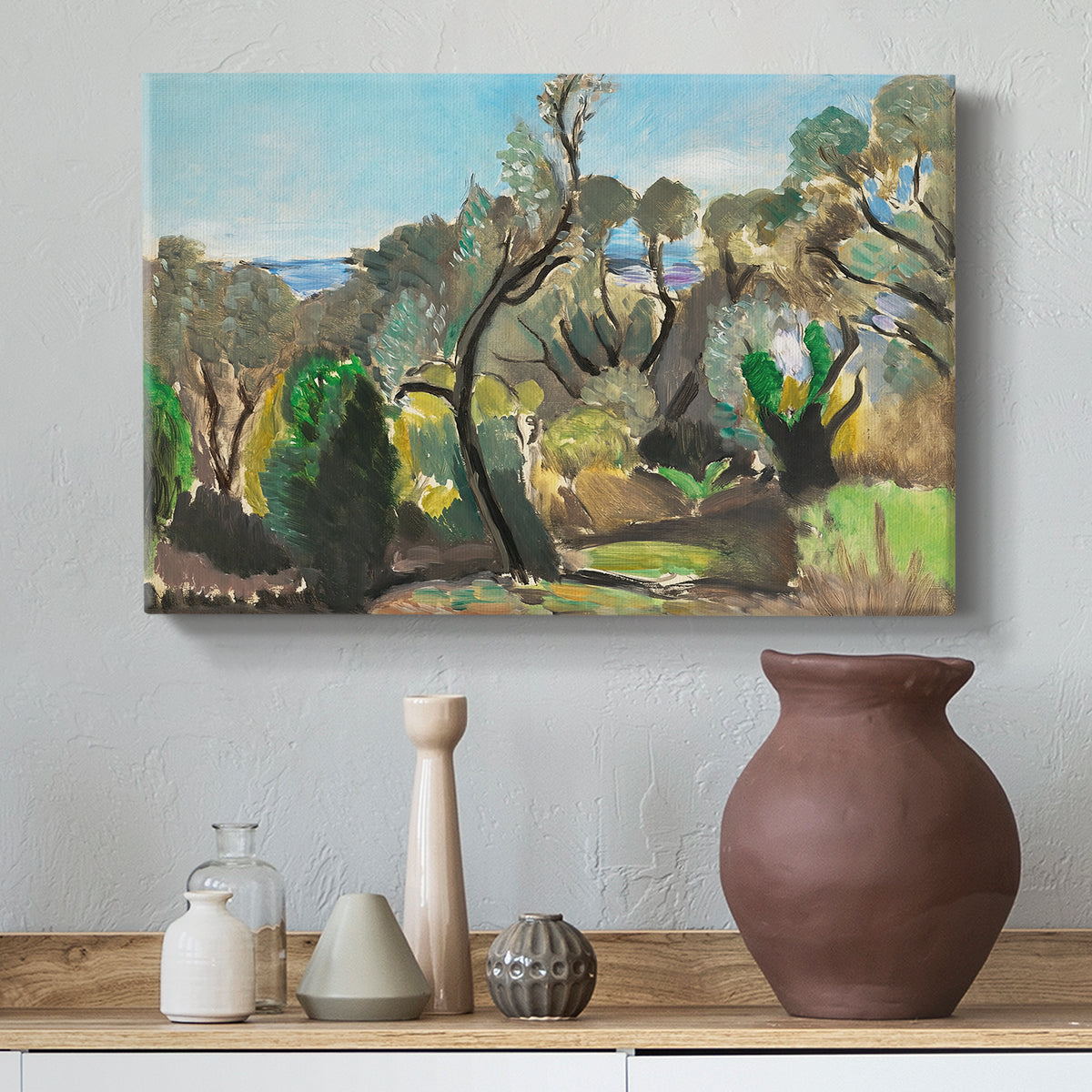 Canvas art print featuring a Fauvist landscape with simplified natural forms, styled above a decorative console