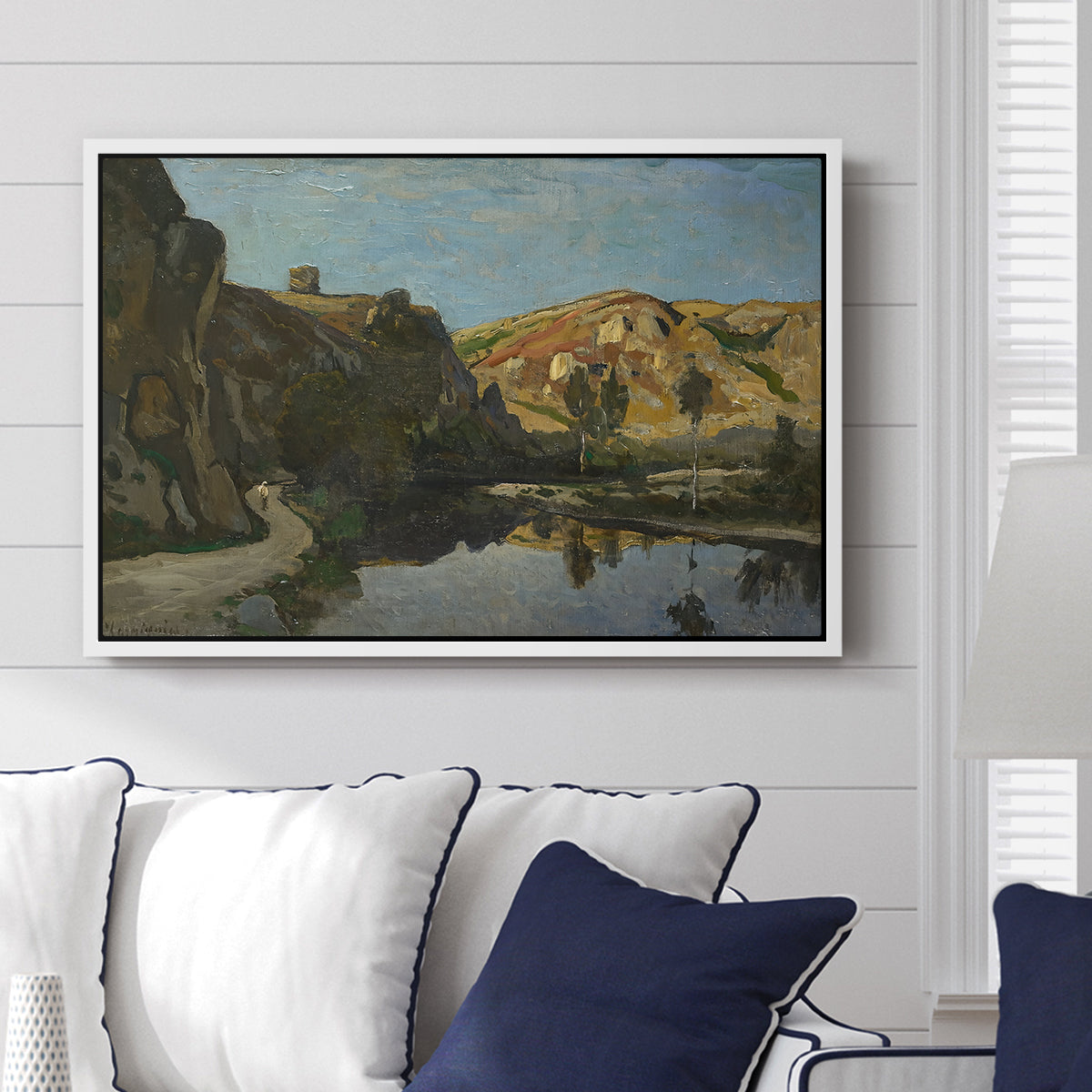 River Landscape with Cliffs, c. 1850-1860 - Floater Framed Canvas Print