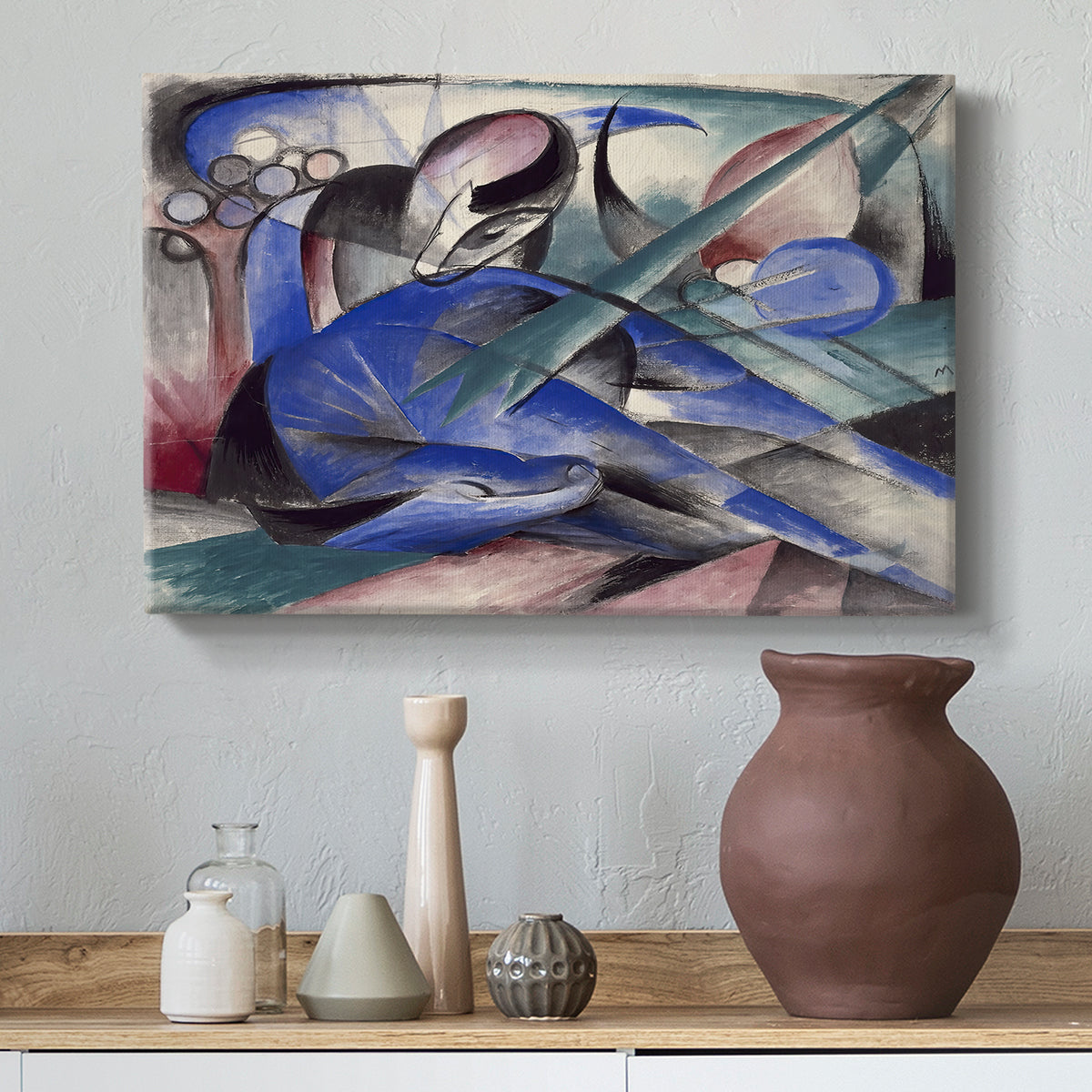 Canvas art print featuring an abstract horse form rendered with soft curves and vivid tones, styled above a decorative console