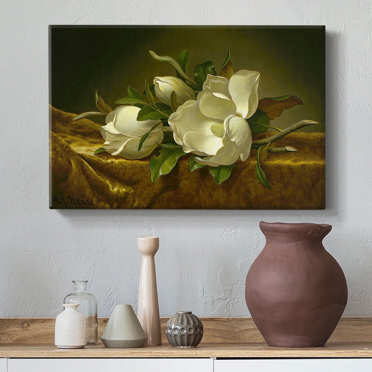 Canvas art print featuring a botanical composition with texture, styled above a decorative console