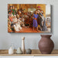 Canvas art print featuring a religious gathering with layered figures and interior depth, styled above a decorative console