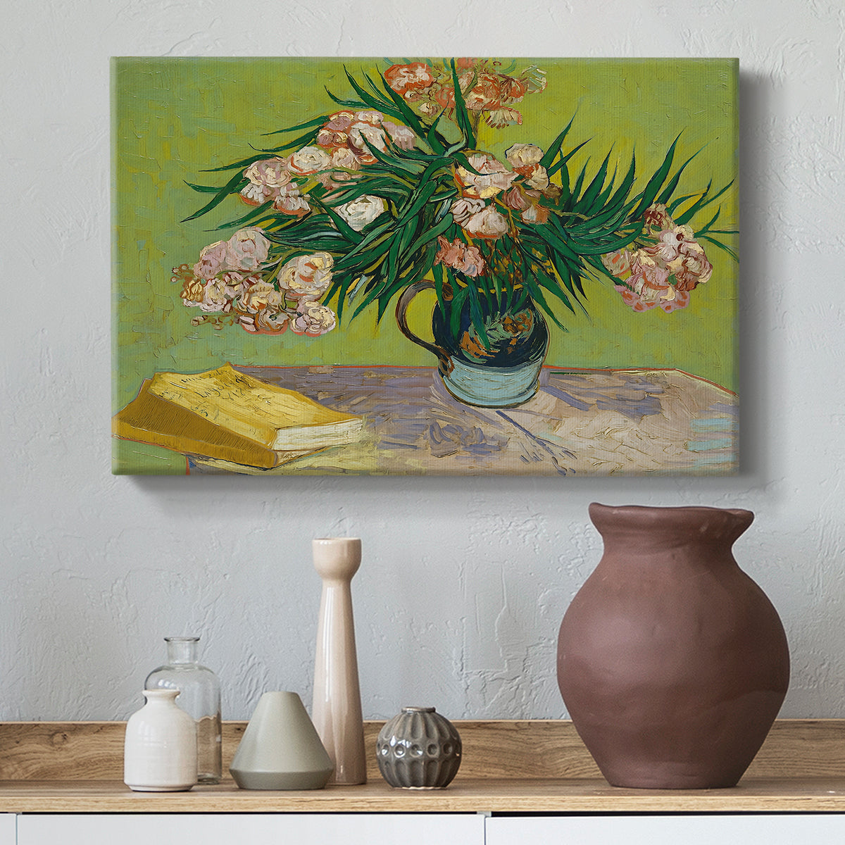 Canvas art print featuring a post-impressionist still life combining flowers and reading materials, styled above a decorative console