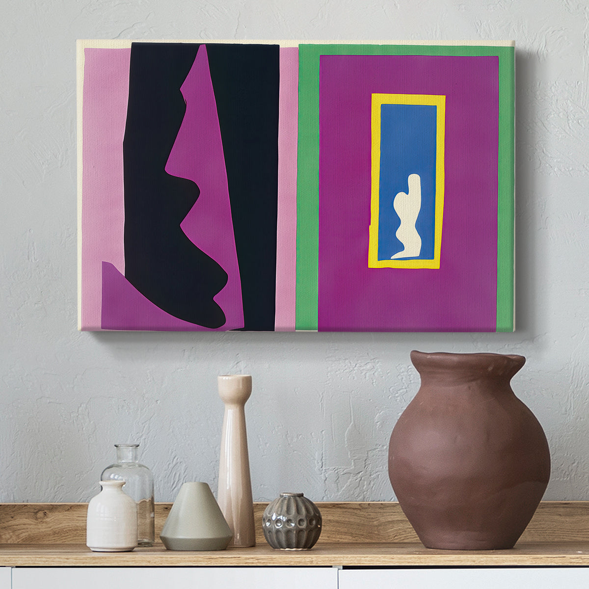 Canvas art print featuring an expressive collage with simplified shapes and visual rhythm, styled above a decorative console