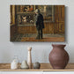 Canvas art print featuring a solitary figure viewing artwork in detailed interior, styled above a decorative console