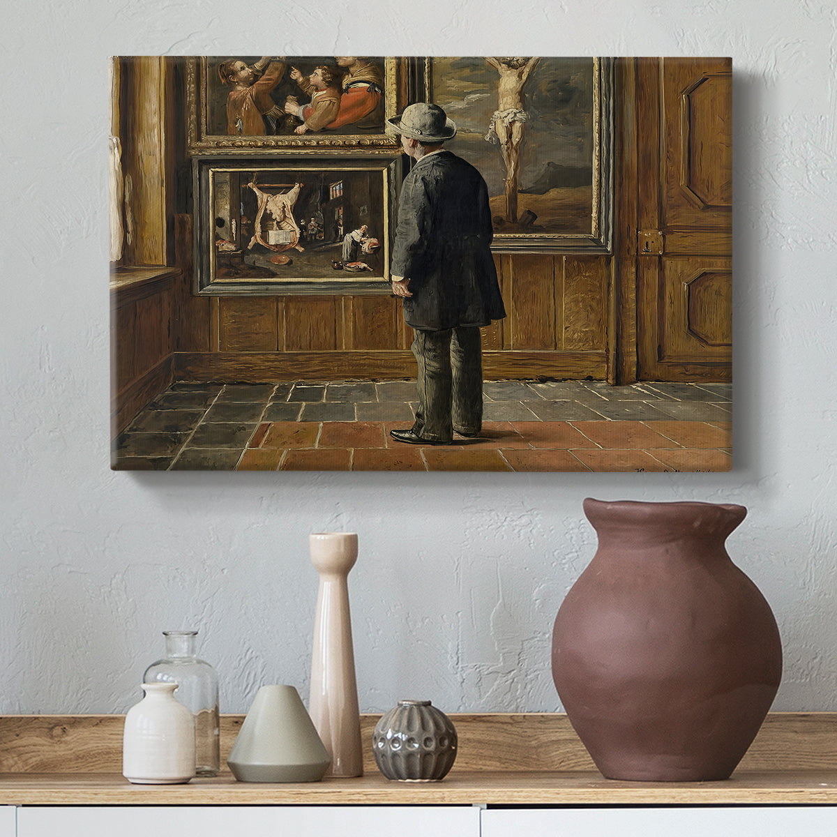 Canvas art print featuring a solitary figure viewing artwork in detailed interior, styled above a decorative console