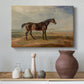Canvas art print featuring a realistic depiction of horse in seaside terrain, styled above a decorative console