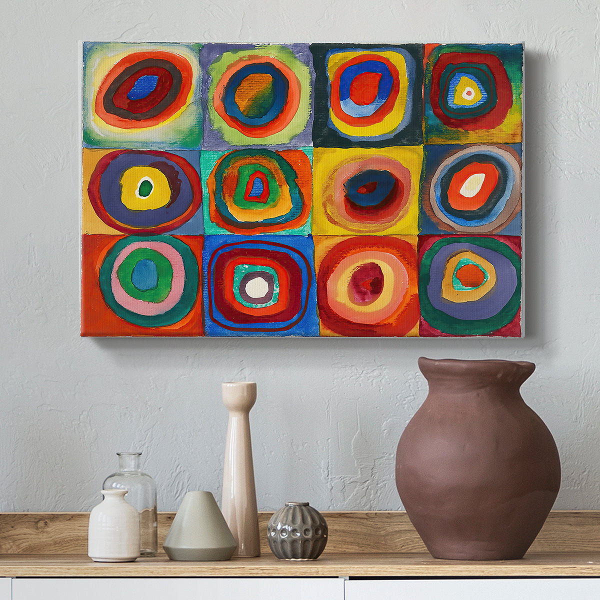 Canvas art print featuring a geometric study emphasizing variation within uniform layout, styled above a decorative console
