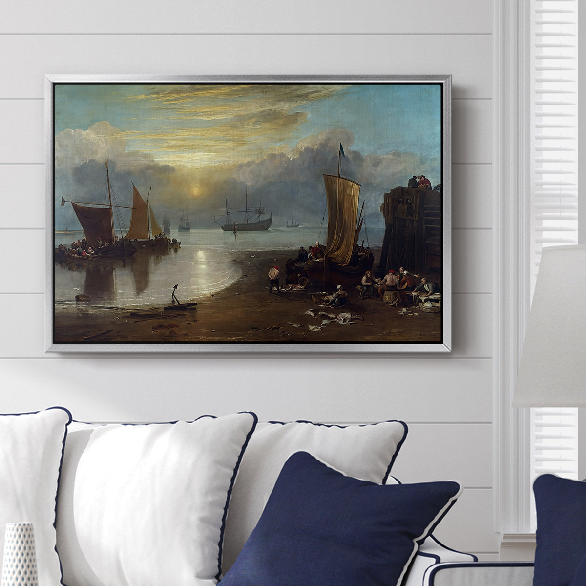 Sun Rising through Vapour: Fishermen Cleaning and Selling Fish, c. 1807 - Floater Framed Canvas Print