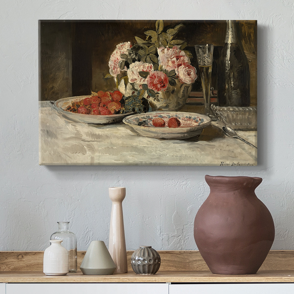 Canvas art print featuring a tabletop scene with strawberries and champagne glass, styled above a decorative console