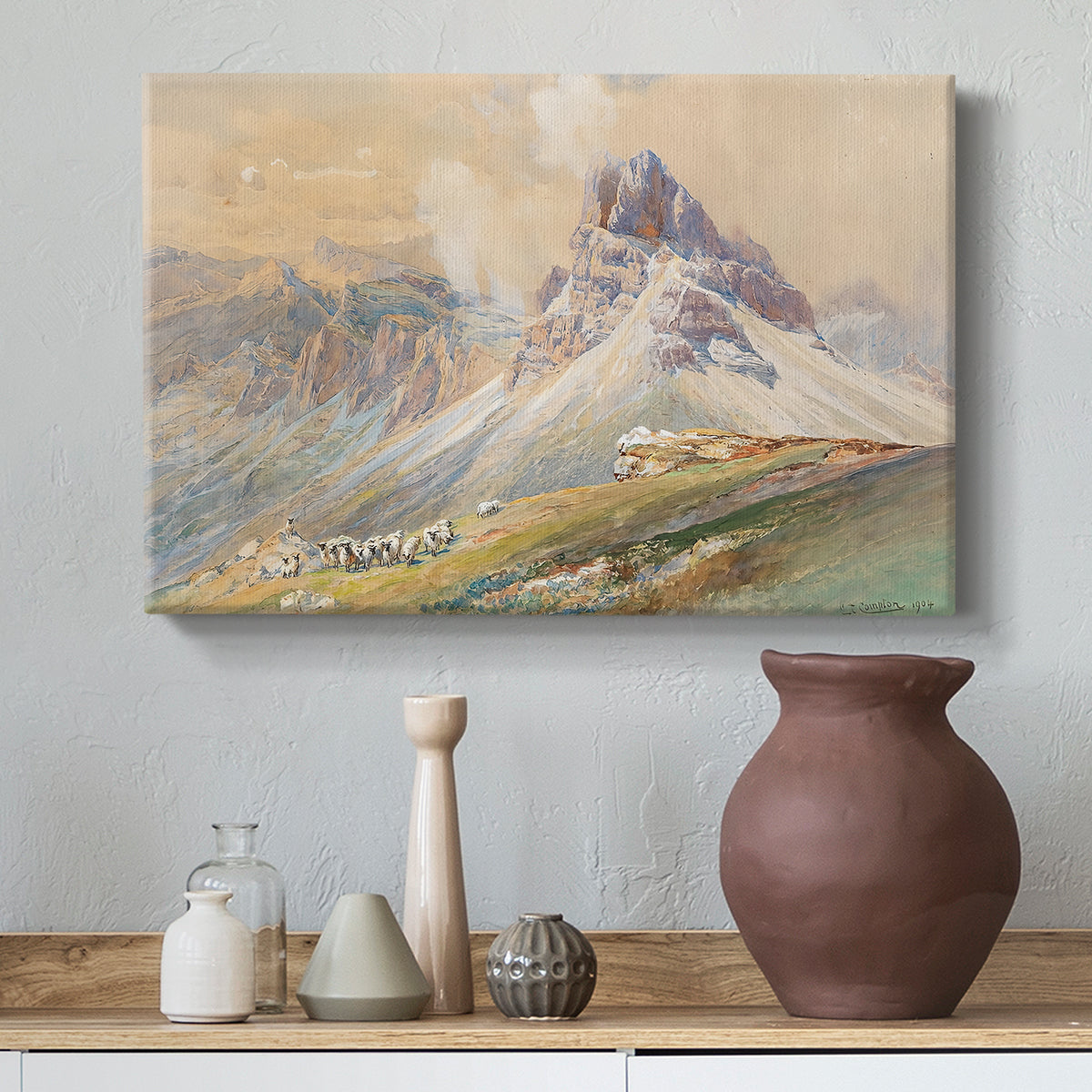 Canvas art print featuring an expansive landscape featuring iconic Dolomite peaks, styled above a decorative console