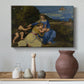 Canvas art print featuring a Renaissance religious composition with seated figures in natural setting, styled above a decorative console