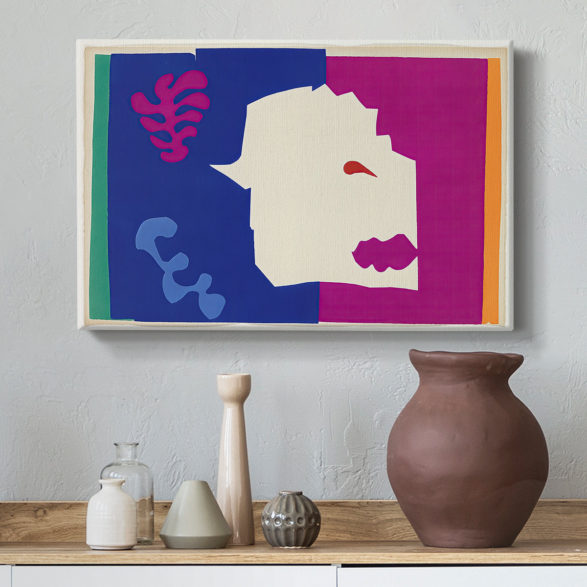 Canvas art print featuring an expressive abstract wolf form, styled above a decorative console