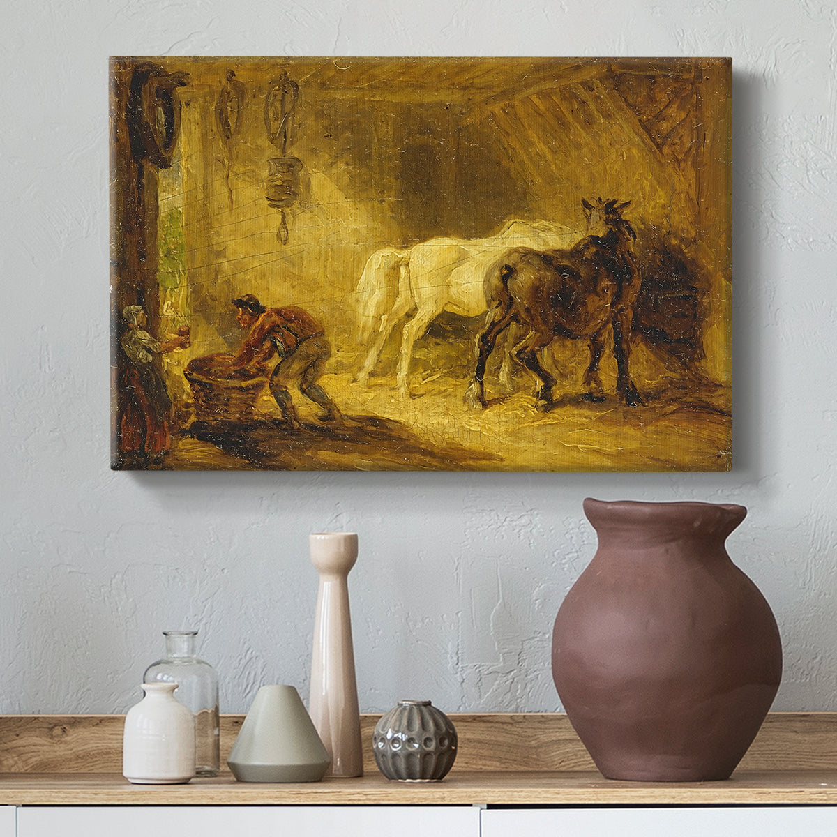 Canvas art print featuring a rural composition featuring ewe and offspring, styled above a decorative console