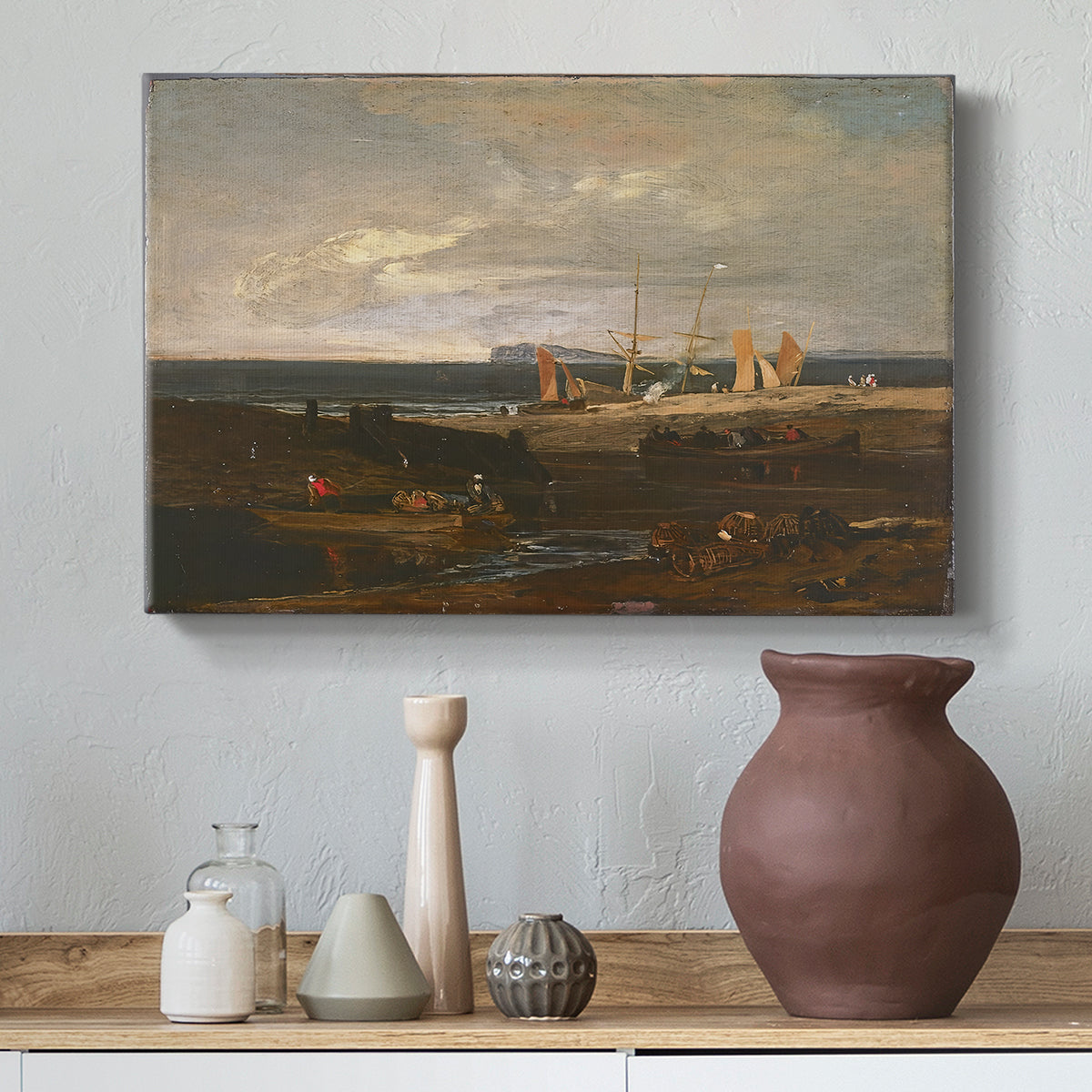 Canvas art print featuring an atmospheric seaside composition, styled above a decorative console