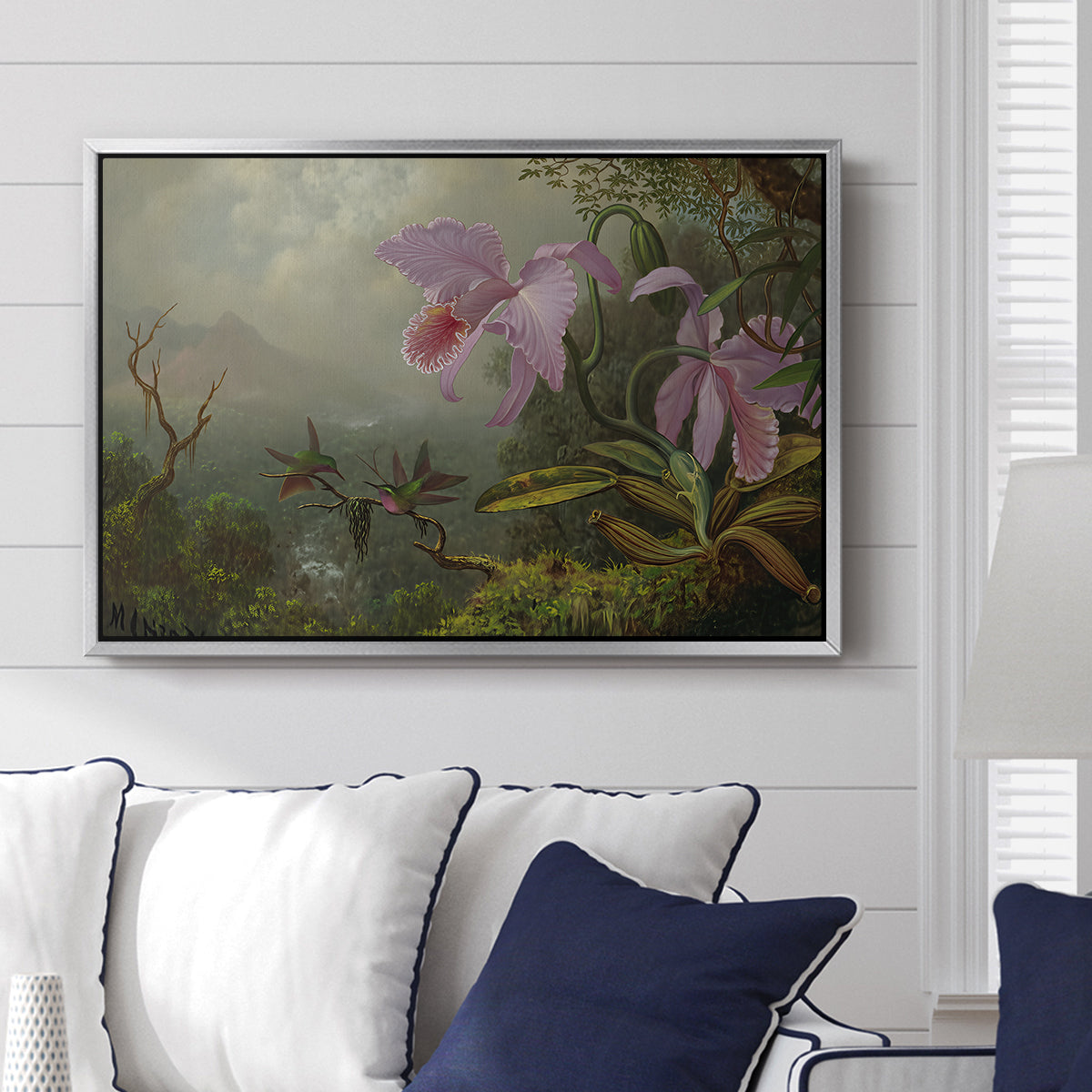 Two Sun Angel Hummingbirds on a Branch, c. 1890-1904 - Floater Framed Canvas Print