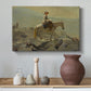 Canvas art print featuring a mountainous composition with person and horse in open terrain, styled above a decorative console