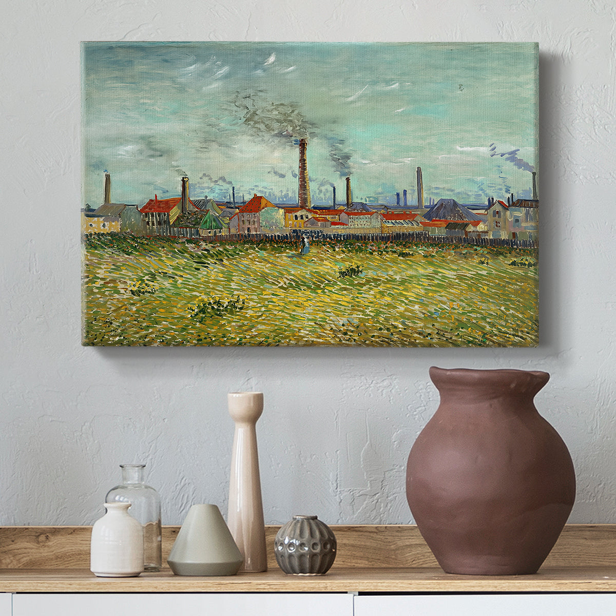 Canvas art print featuring an expressive depiction of industry within landscape, styled above a decorative console
