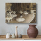 Canvas art print featuring an impressionist depiction of ballet practice on theater stage, styled above a decorative console