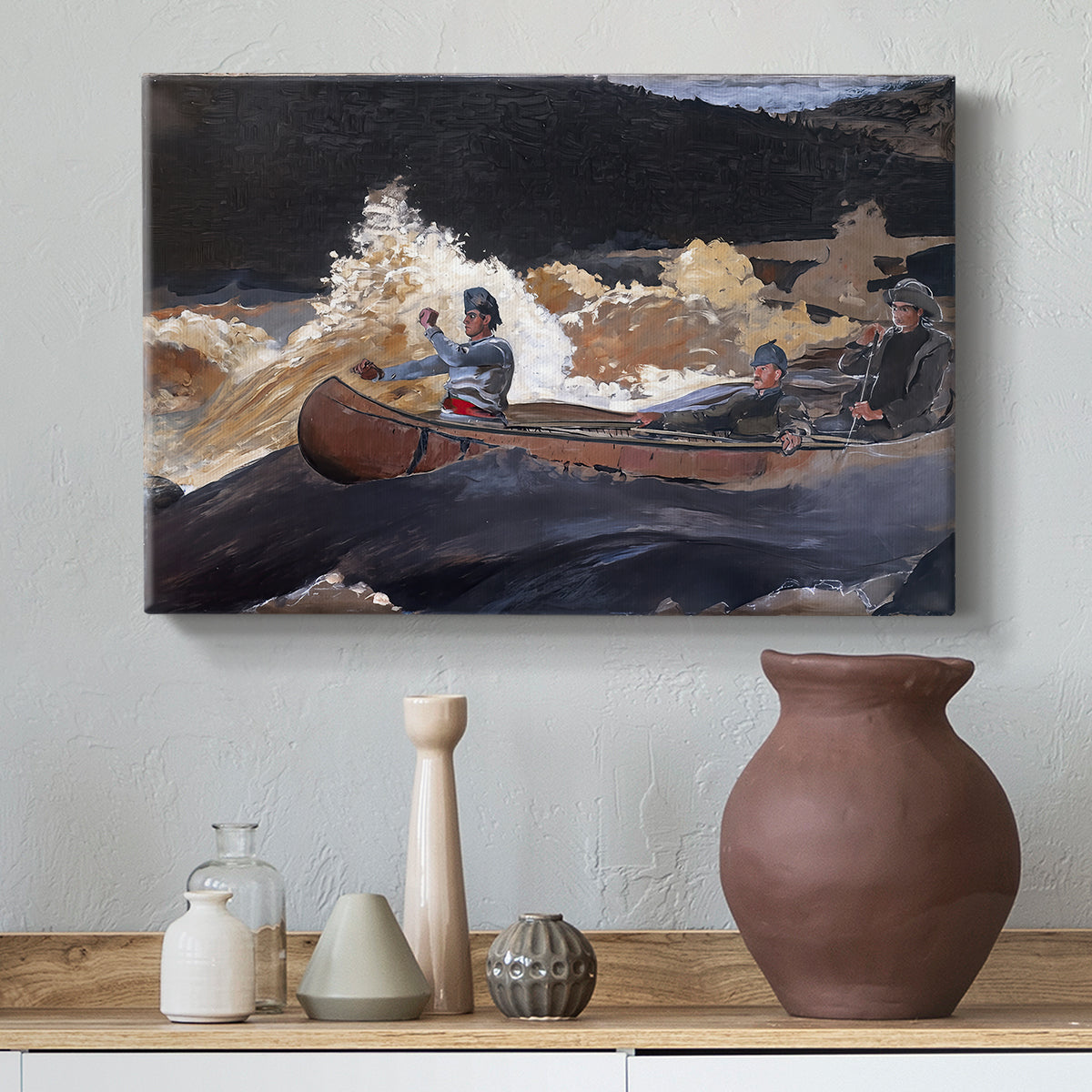 Canvas art print featuring a river composition showing motion and control in turbulent current, styled above a decorative console