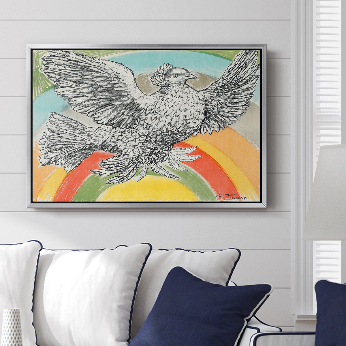 Flying Dove with Rainbow (Colombe volant à l'Arc-en-ciel), 1952 - Floater Framed Canvas Print