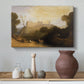 Canvas art print featuring an atmospheric landscape with building reflected near water, styled above a decorative console