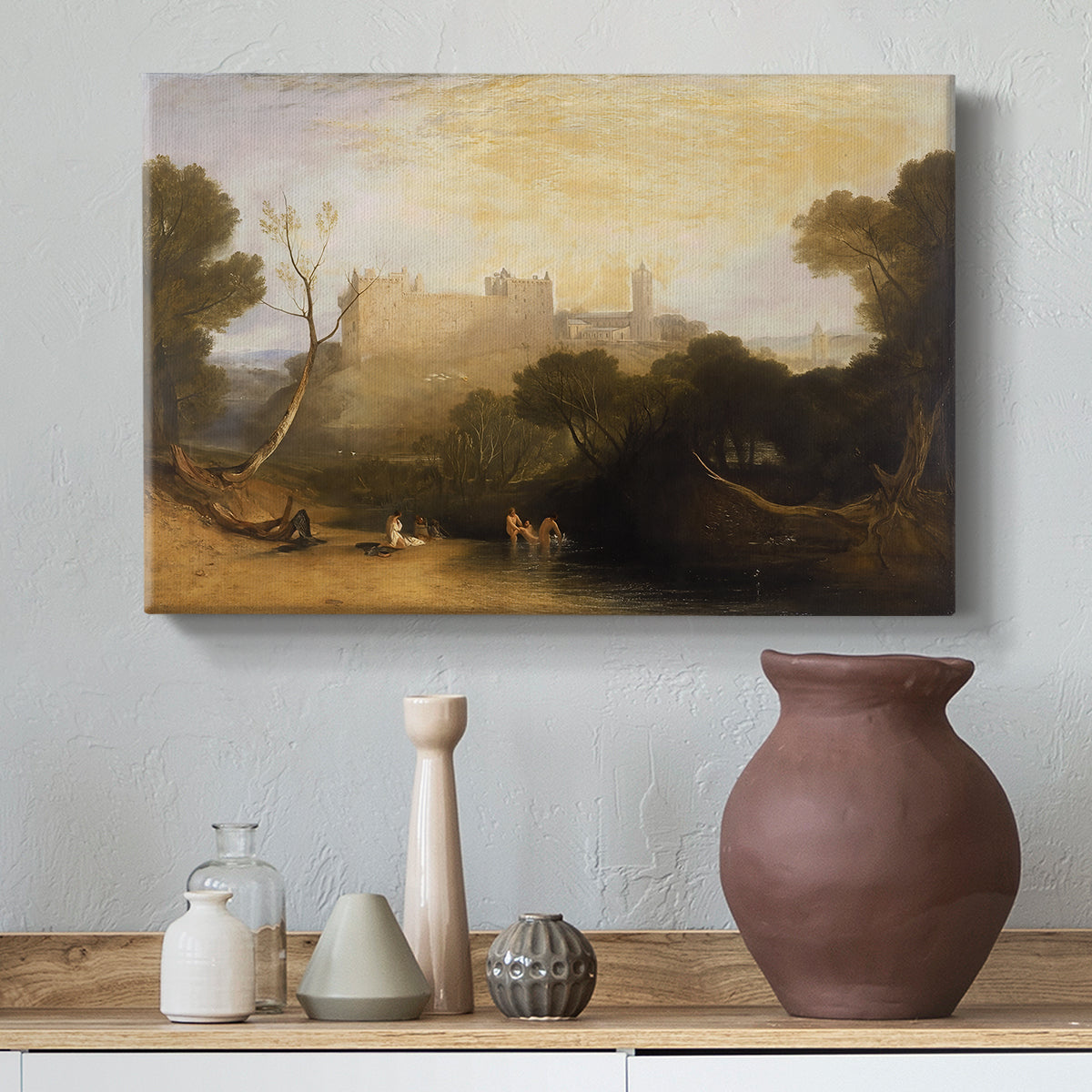 Canvas art print featuring an atmospheric landscape with building reflected near water, styled above a decorative console