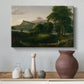 Canvas art print featuring a balanced landscape combining nature and human settlement, styled above a decorative console