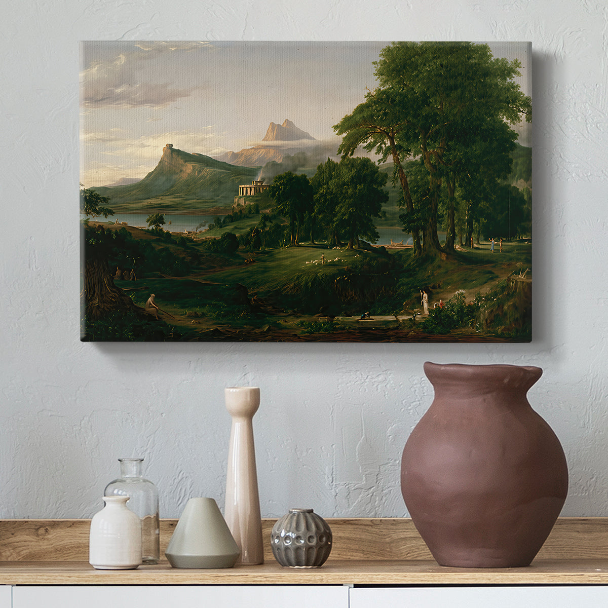 Canvas art print featuring a balanced landscape combining nature and human settlement, styled above a decorative console