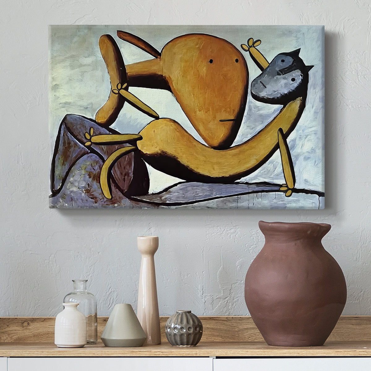 Canvas art print featuring an expressive depiction with bold contours, styled above a decorative console