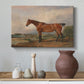 Canvas art print featuring a realistic depiction of hunter in natural terrain, styled above a decorative console